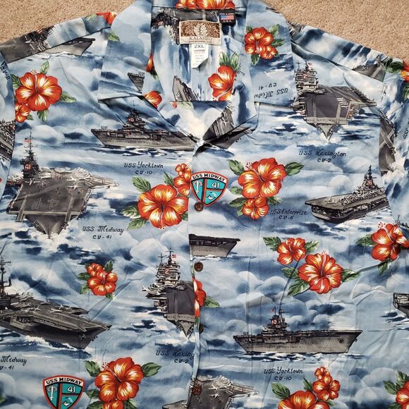Vintage Kalaheo USS Midway Sz 2XL USA Made Floral Hawaiian Mens Button Up Shirt - Picture 2 of 6